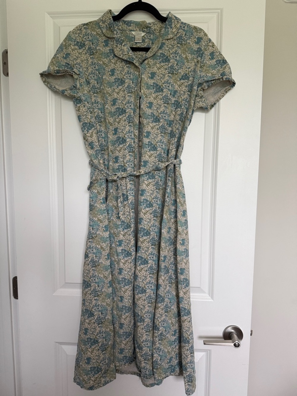 Christopher & Banks Teal and Cream Floral linen Shirt-Waist Midi Dress